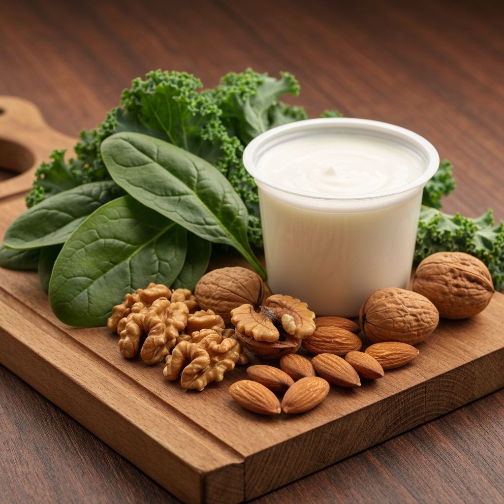 Calcium-rich foods including dairy and leafy greens