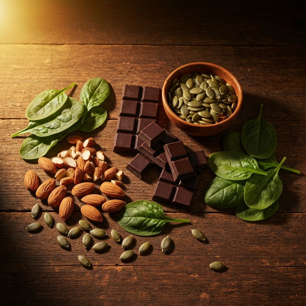 Magnesium-rich foods including seeds, nuts, and greens