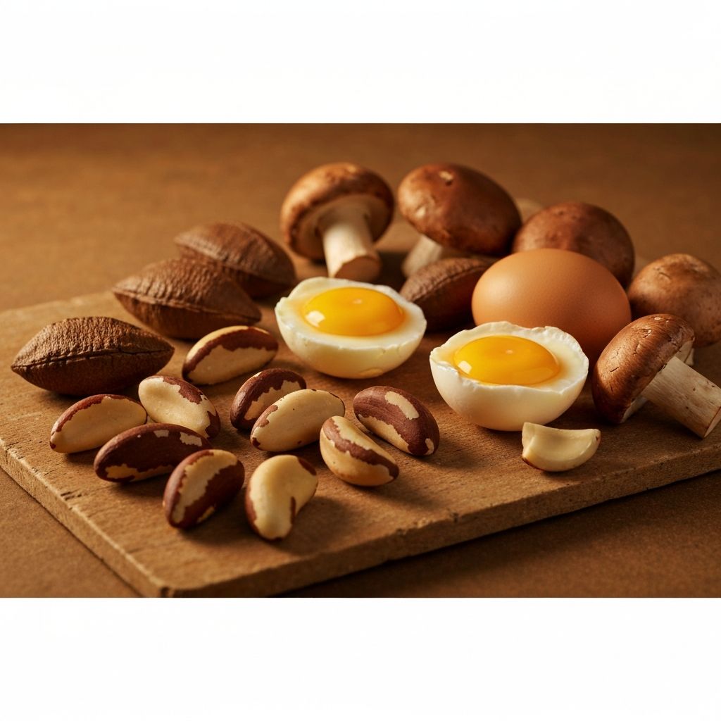 Selection of selenium-rich foods including nuts and eggs